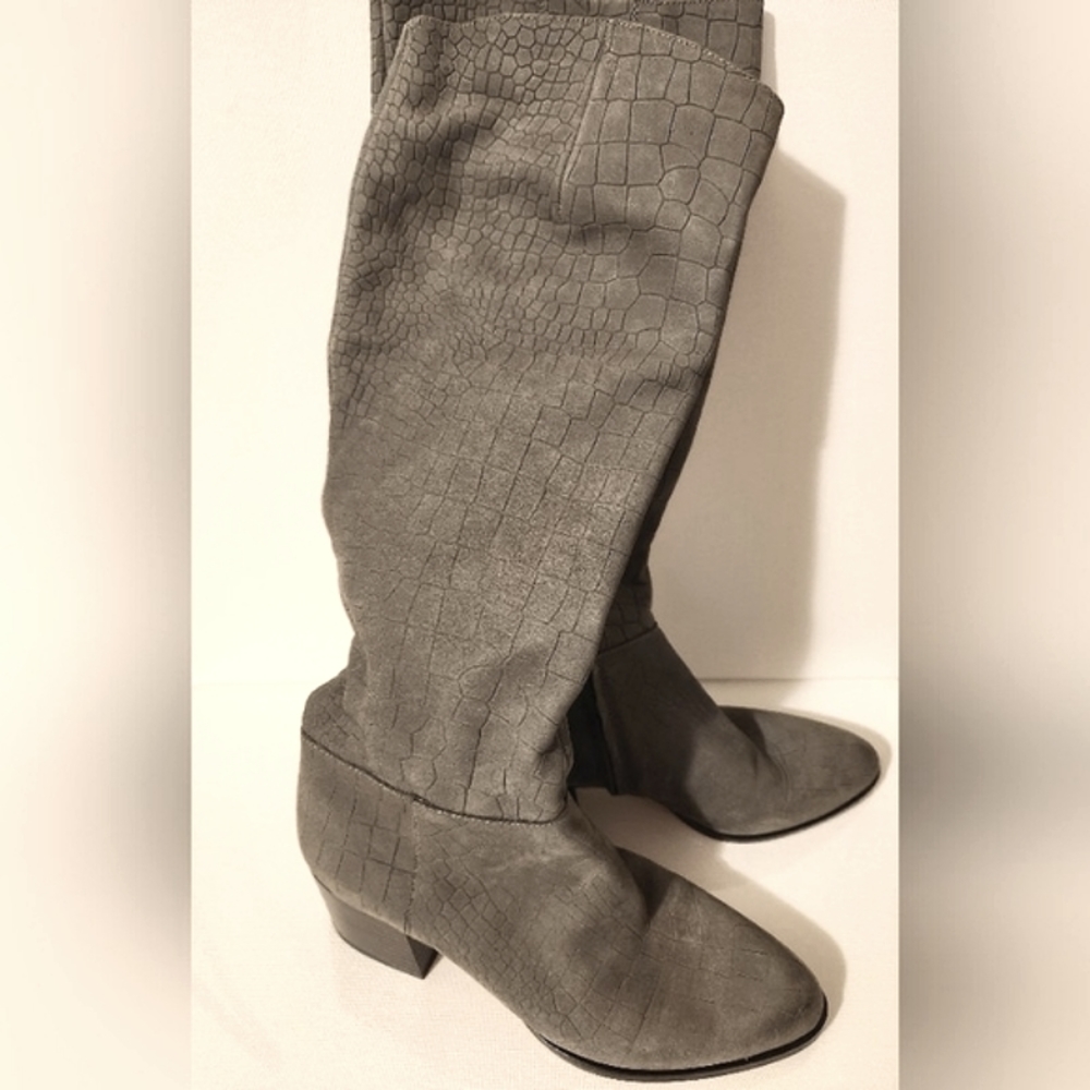 Sam Edelman Knee-high Suede Boots, snakeskin pattern, grey, size